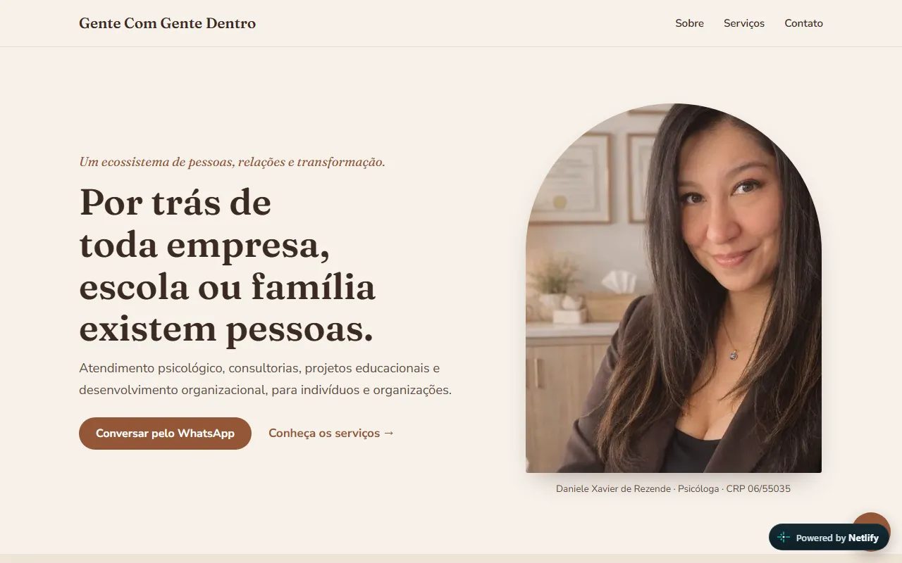 Página inicial do site Gente Com Gente Dentro, Daniele Xavier de Rezende